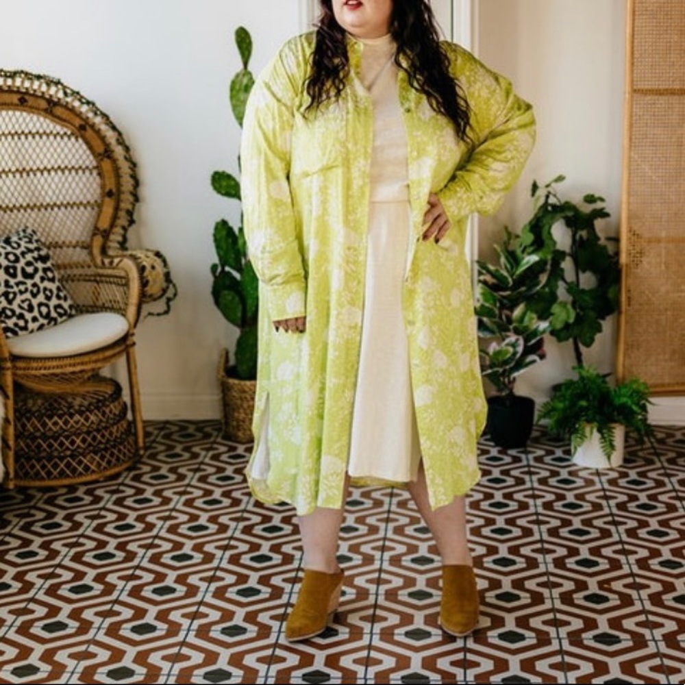 Plus Size, Oversized Lime Green Floral Shirt Dress - Lightweight Longline Layer
